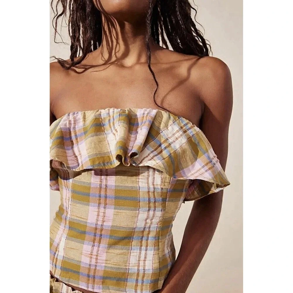 Free People Whitley Top L Women Casual Plaid Strapless Ruffle Blouse